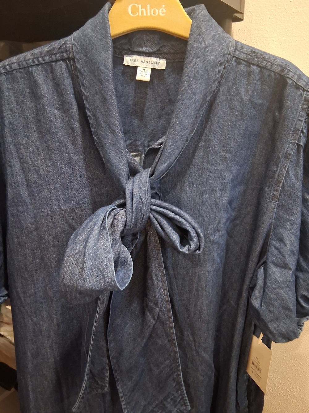 Women's Blue Denim Tie-Neck Casual Dress - Picture 7 of 8